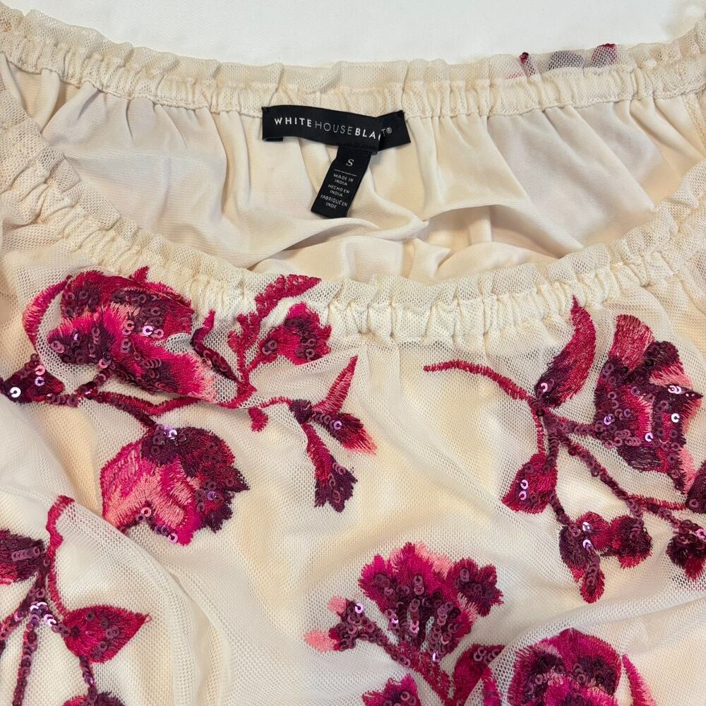 WHBM Pink Sequin Embroidered Floral Sheer Peasant Off Shoulder Blouse Women's S